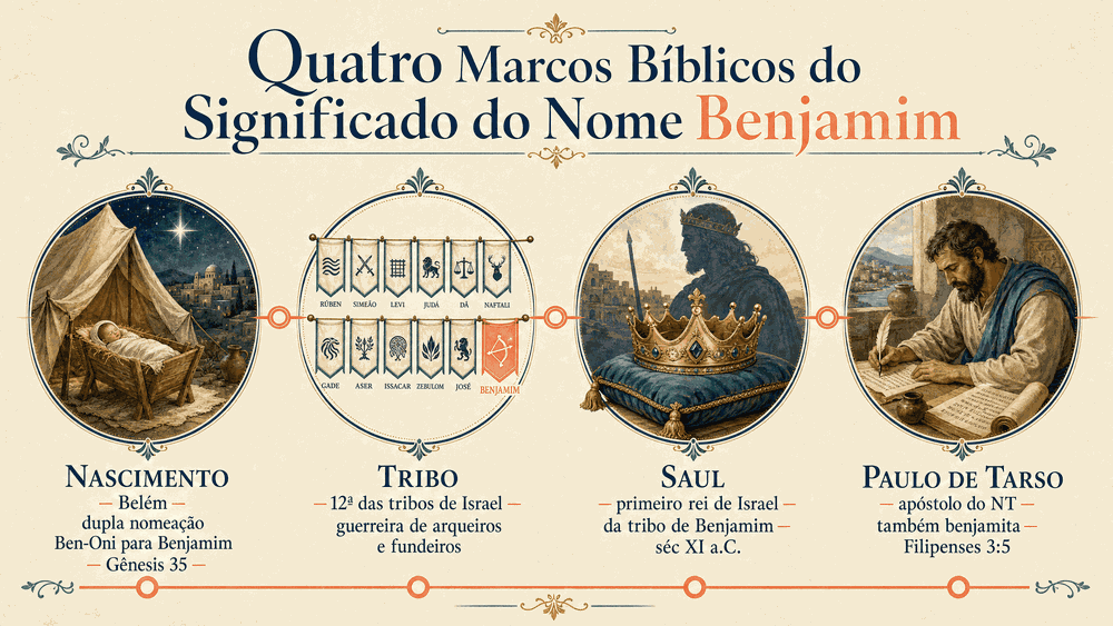 significado do nome Benjamim — quatro medalhões representando os marcos: nascimento em Belém com dupla nomeação, formação da tribo, Saul como primeiro rei e Paulo apóstolo do Novo Testamento