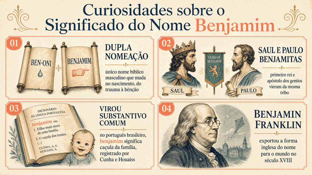 significado do nome Benjamim — quatro cards numerados com curiosidades: dupla nomeação Ben-Oni para Benjamim, Saul e Paulo benjamitas, virou substantivo comum e Benjamin Franklin