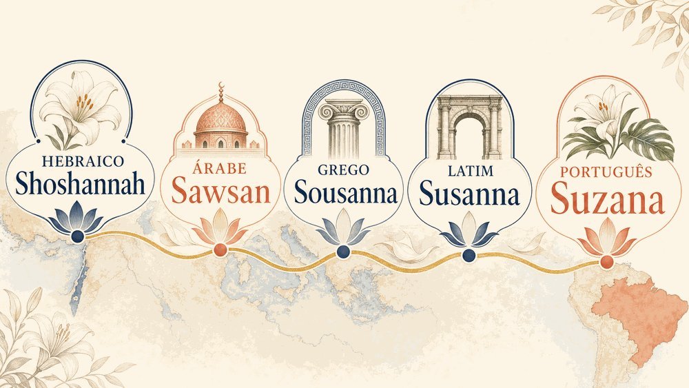 significado do nome Suzana — infográfico mostrando percurso Shoshannah → Sawsan → Sousanna → Suzana com elementos botânicos e mapas estilizados