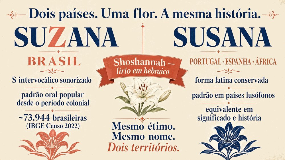 significado do nome Suzana — infográfico comparativo Suzana (Z) Brasil vs. Susana (S) Portugal, com elementos tipográficos editoriais