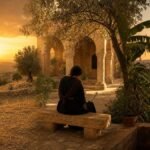significado do nome Noemi — três mulheres em terraço de pedra com vista para Jerusalém ao pôr do sol dourado, oliveiras e rolo de pergaminho