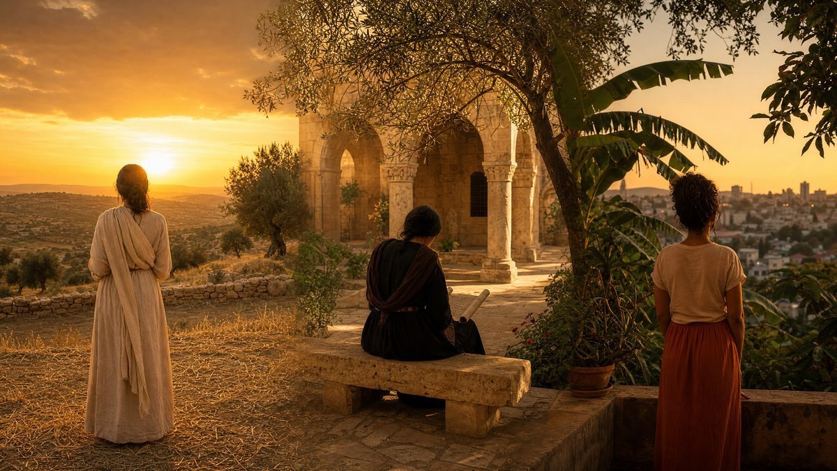 significado do nome Noemi — três mulheres em terraço de pedra com vista para Jerusalém ao pôr do sol dourado, oliveiras e rolo de pergaminho