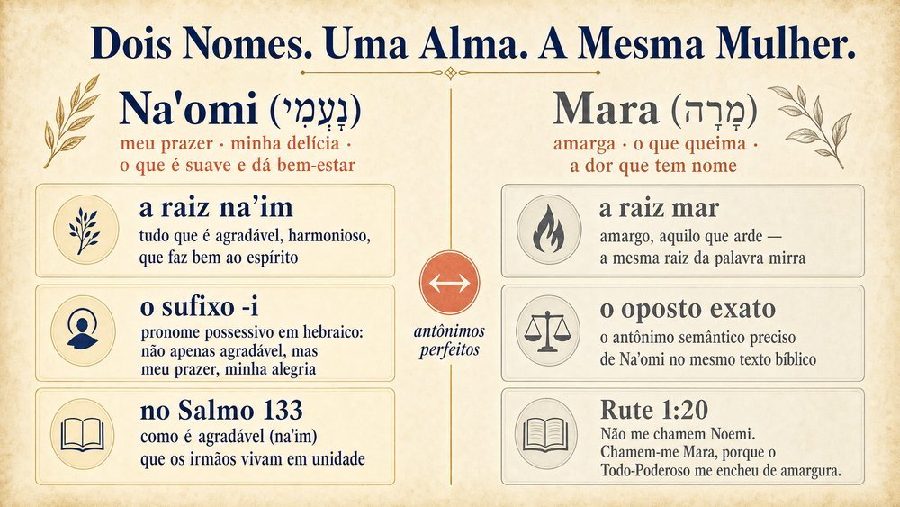 significado do nome Noemi — infográfico comparativo entre Na'omi (agradável, hebraico) e Mara (amarga) com cenas de planície e pôr do sol