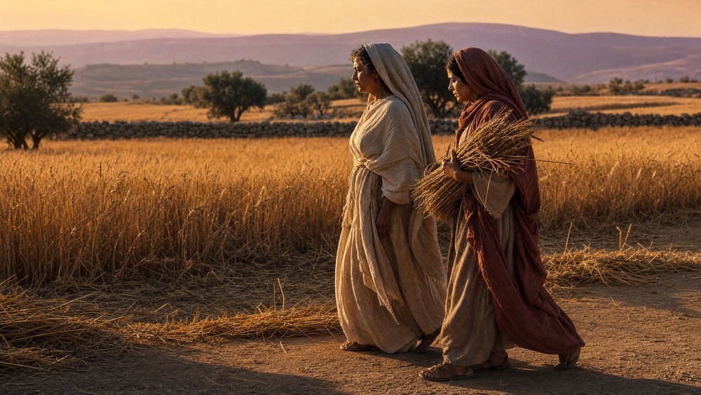 significado do nome Noemi — mulher com manto vermelho caminhando em campo de trigo dourado ao entardecer com montanhas de Belém ao fundo