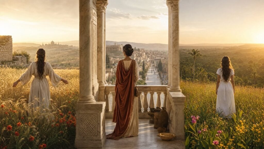 significado do nome Joana — três mulheres em terraço com colunas clássicas, campos de flores e vista para cidade antiga ao pôr do sol