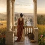 significado do nome Joana — três mulheres em terraço com colunas clássicas, campos de flores e vista para cidade antiga ao pôr do sol