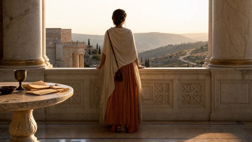 significado do nome Joana — mulher de vestes clássicas em varanda de mármore contemplando jardim antigo com fontes e ciprestes ao entardecer