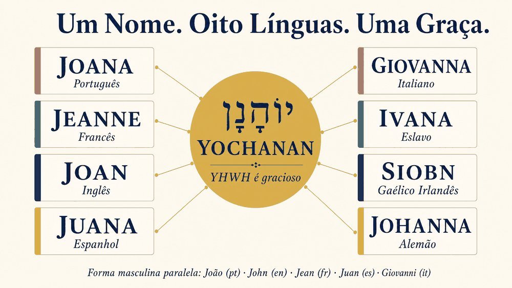 significado do nome Joana — infográfico comparativo das variantes mundiais Jeanne/Joan/Juana/Giovanna/Ivana, estilo editorial com paleta cream e coral