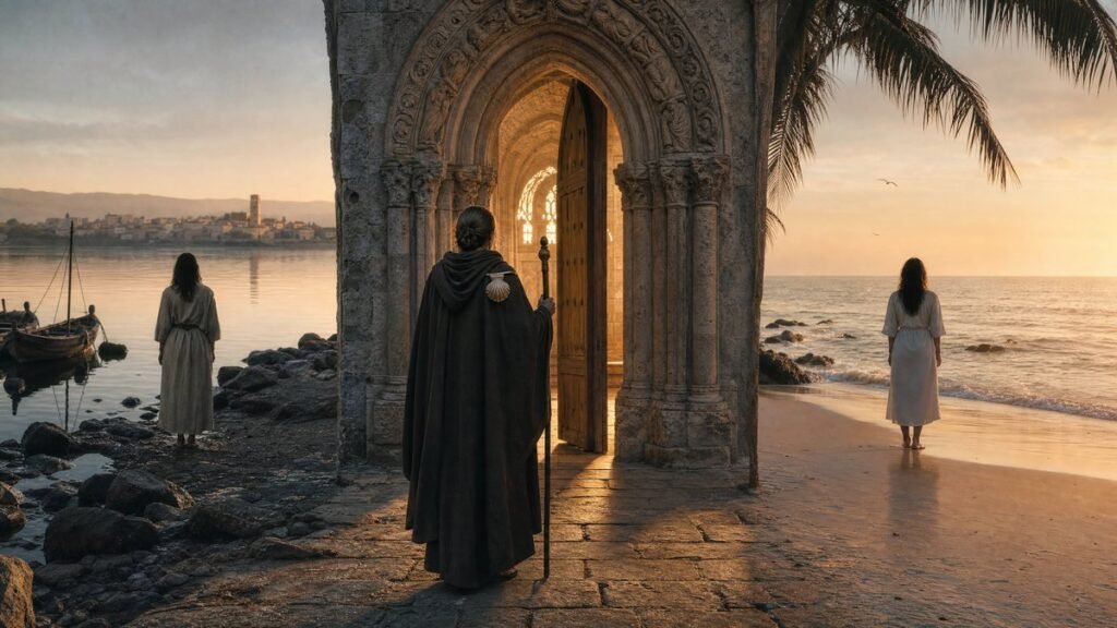 significado do nome Madalena — peregrino medieval com cajado e concha de Santiago diante de portal românico à beira do mar ao pôr do sol