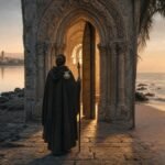 significado do nome Madalena — peregrino medieval com cajado e concha de Santiago diante de portal românico à beira do mar ao pôr do sol