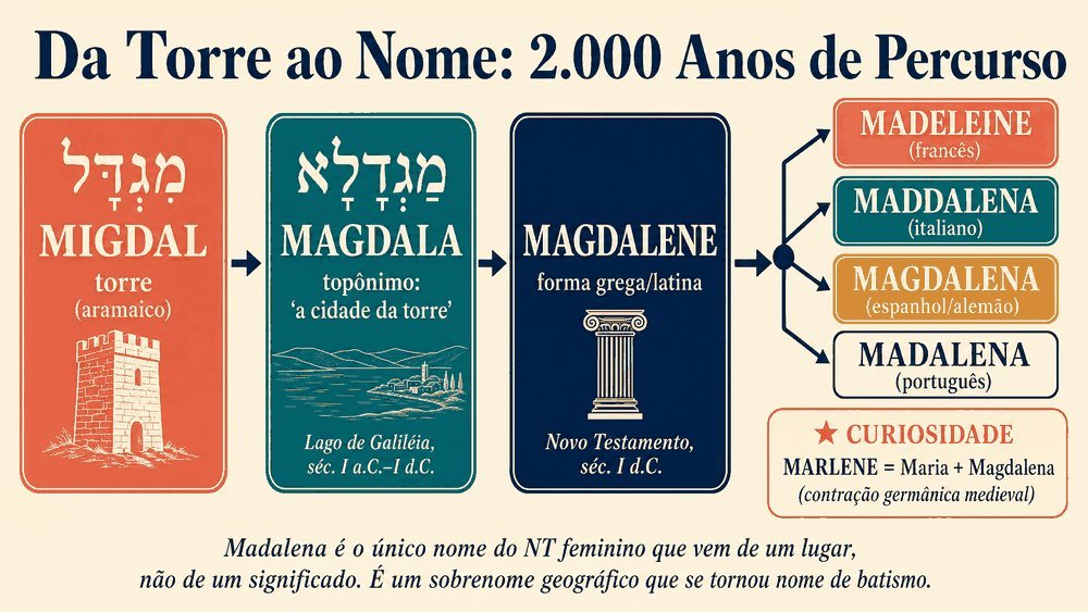 significado do nome Madalena, linha do tempo de Migdal (hebraico) a Magdala, Maria Madalena, Magdalene e Madalena em cinco marcos históricos