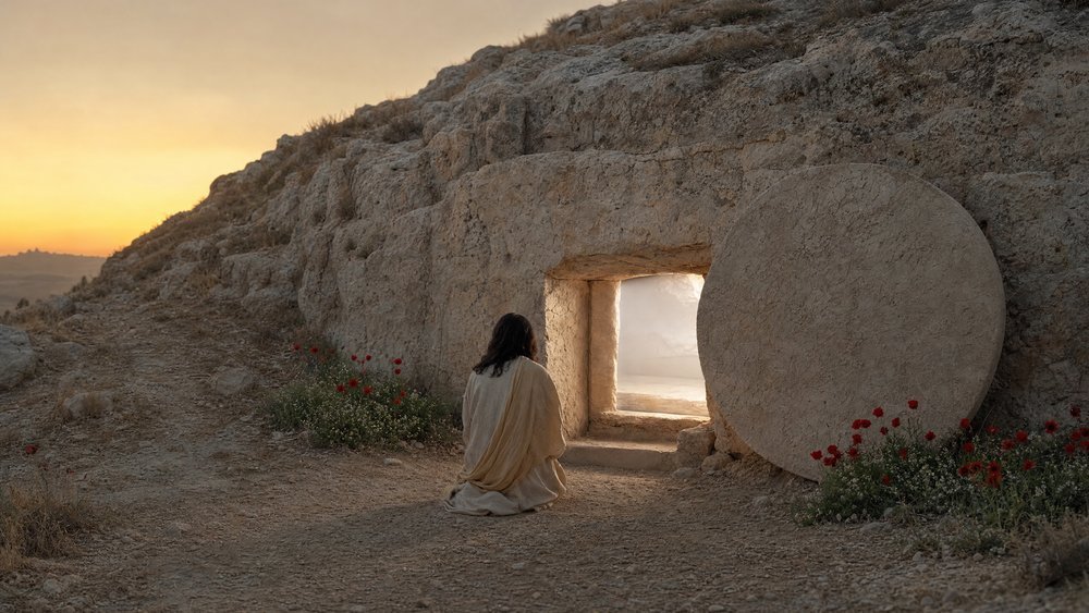 significado do nome Madalena, mulher em vestes bíblicas diante de câmara de pedra com entrada vazia ao amanhecer com luz dourada e oliveiras antigas