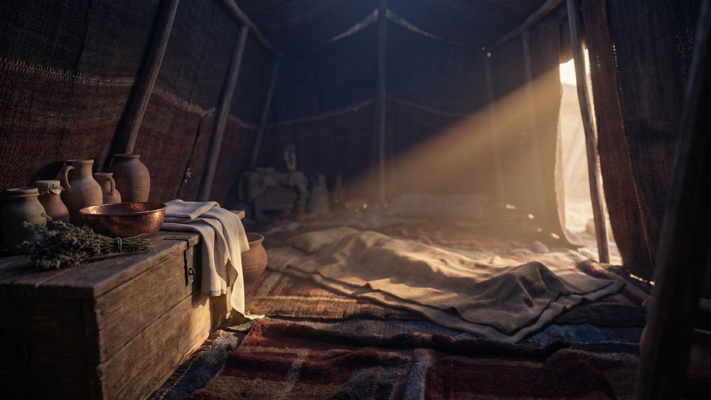 significado do nome Lia — interior da tenda nupcial em Padã-Arã com jarros de cerâmica e mantos sob luz matinal oblíqua