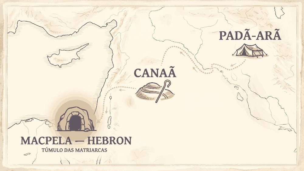 significado do nome Lia — mapa estilizado com a rota de Padã-Arã a Macpela em Hebron, túmulo das matriarcas
