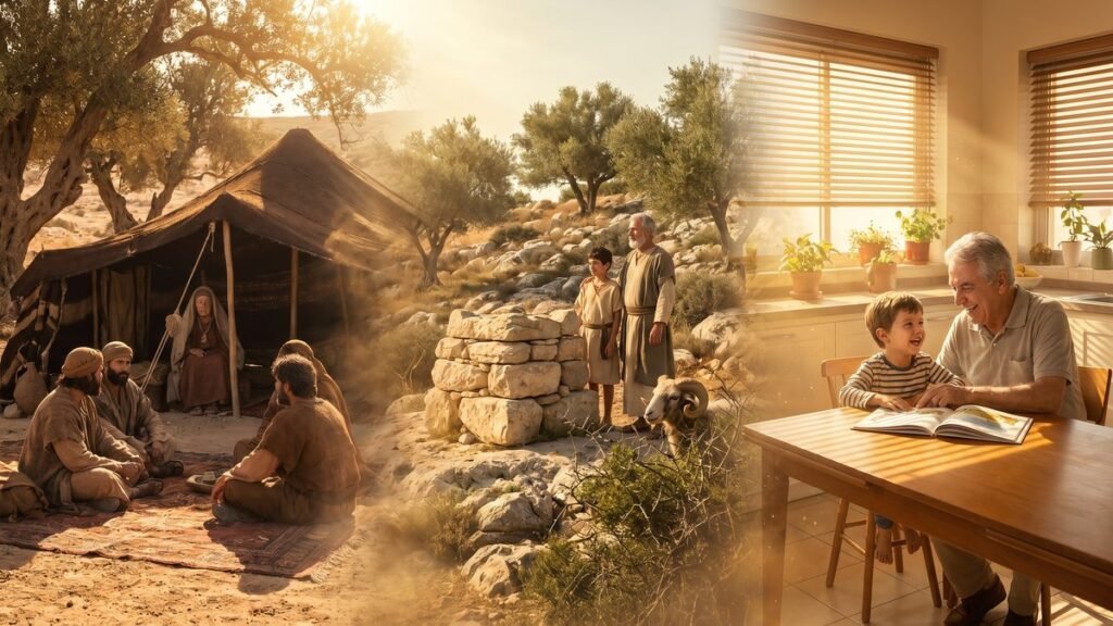 significado do nome Isaac — paisagem contínua: tenda em Manre, altar em Moriah e cozinha brasileira de avô e neto