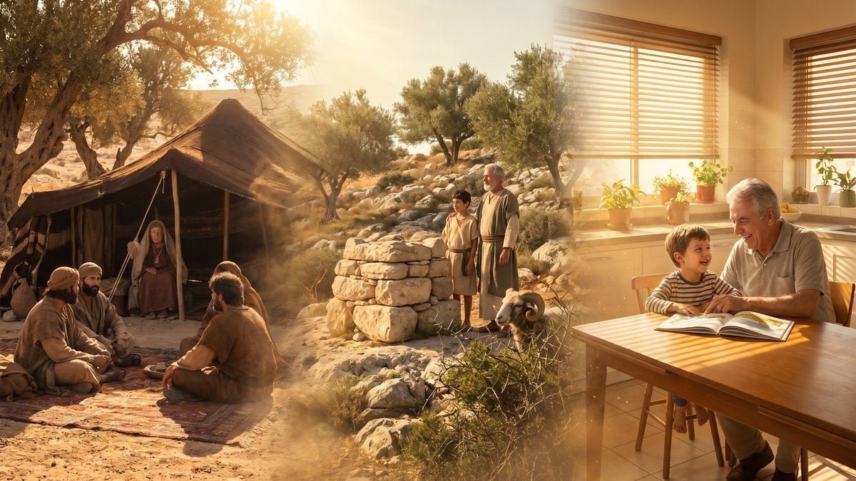 significado do nome Isaac — paisagem contínua: tenda em Manre, altar em Moriah e cozinha brasileira de avô e neto