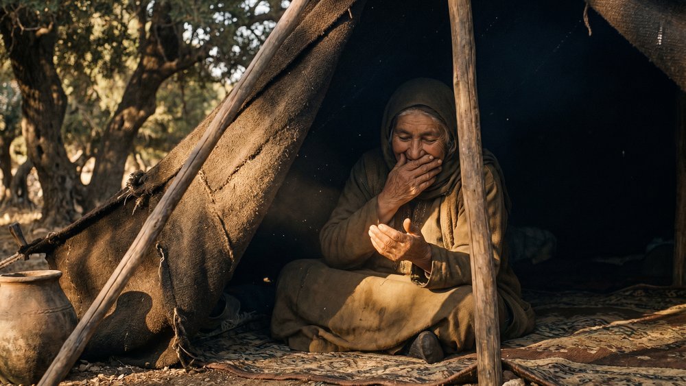 significado do nome Isaac — idosa na tenda em Manre cobrindo a boca para esconder o riso de descrença