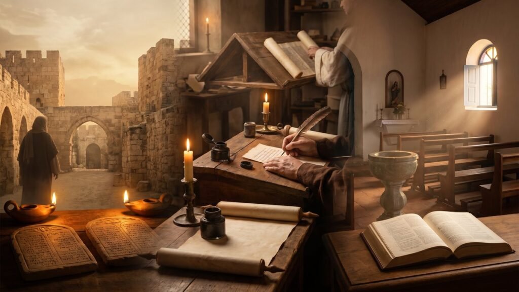 significado do nome Joaquim — Jerusalém antiga, scriptorium medieval e capela colonial brasileira em uma única atmosfera dourada