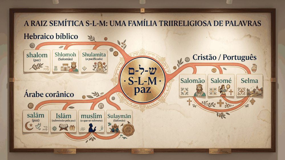 significado do nome Salomão — mapa conceitual da raiz S-L-M com famílias hebraica, árabe corânica e cristã