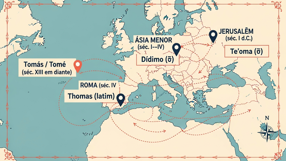 significado do nome Tomás — mapa estilizado das rotas do nome de Jerusalém à Ásia Menor, Roma e Lisboa