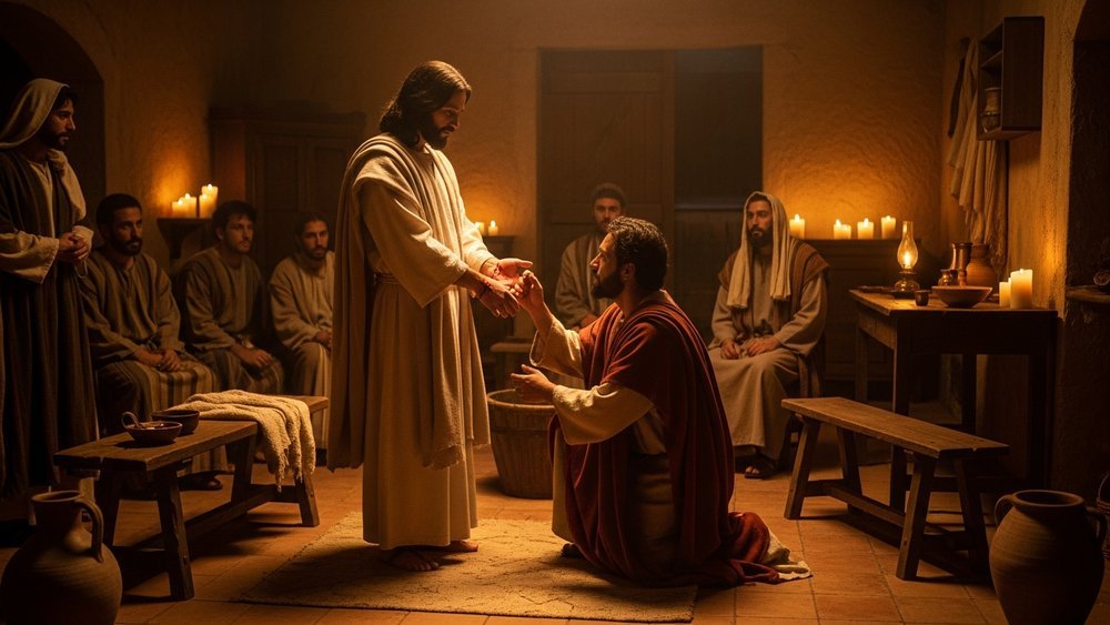 significado do nome Tomás — cena bíblica de Tomé tocando as chagas de Jesus em sala fechada em Jerusalém