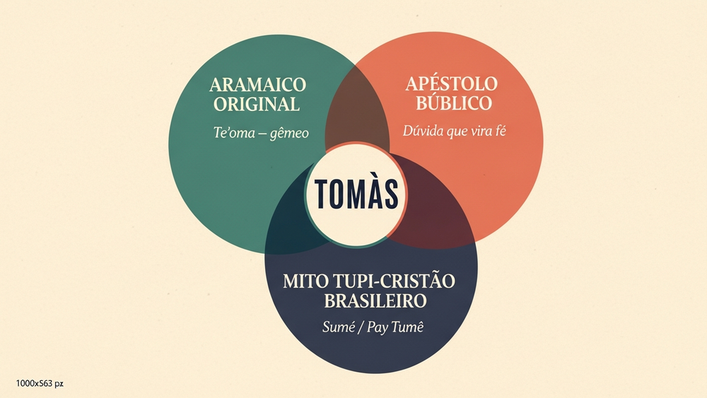 significado do nome Tomás — diagrama de Venn com três círculos: aramaico original, apóstolo bíblico, mito tupi-cristão brasileiro