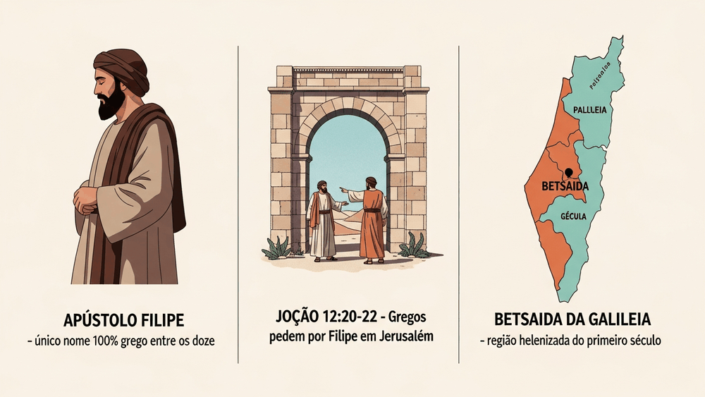 significado do nome Filipe — três painéis sobre o apóstolo Filipe, João 12:20-22 e Betsaida da Galileia