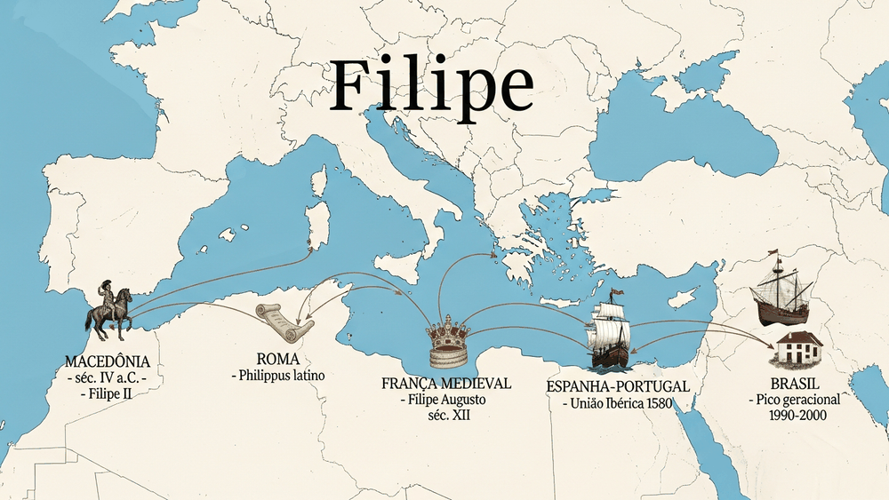 significado do nome Filipe — mapa cartográfico do trajeto do nome de Macedônia ao Brasil em cinco eras