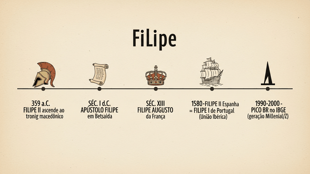 significado do nome Filipe — linha do tempo com cinco marcos do nome ao longo de 2.500 anos em estilo livro acadêmico