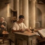 significado do nome Marcos — três cenas em atmosfera contínua: cristão primitivo escrevendo, escriba romano e livro paroquial brasileiro