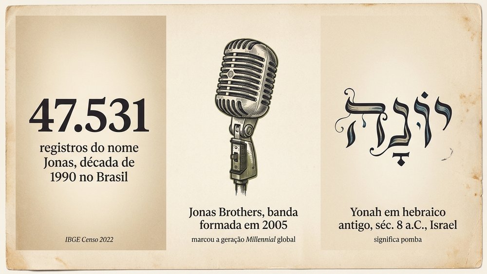 significado do nome Jonas — três painéis editoriais: 47.531 registros década 1990 IBGE, microfone Jonas Brothers 2005 e Yonah em hebraico antigo