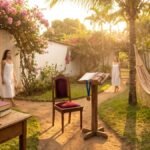 significado do nome Gabriela — jardim colonial brasileiro com três estações literárias: escrivaninha andina, podium do Nobel e hammock baiana