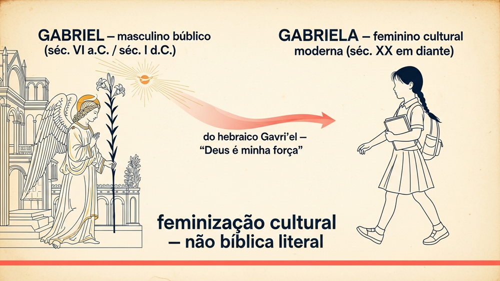 significado do nome Gabriela — ilustração editorial mostrando a passagem do arcanjo Gabriel à menina contemporânea Gabriela através de feminização cultural moderna