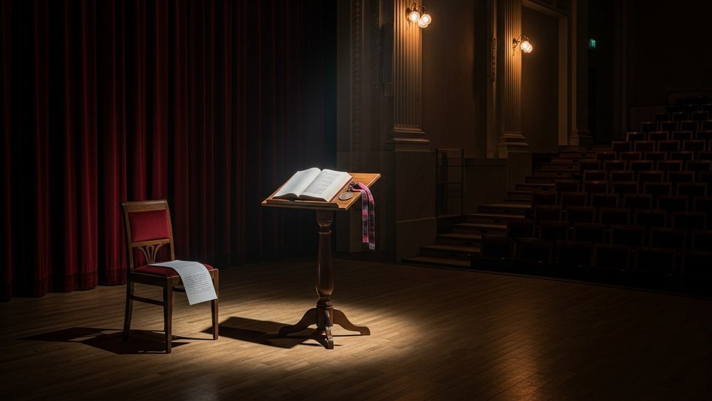 significado do nome Gabriela — palco solene de cerimônia literária do Nobel com podium iluminado, livro aberto e medalha em fita azul