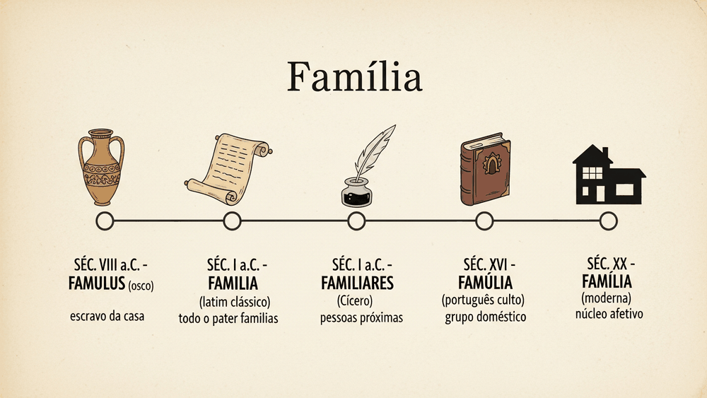 origem da palavra família — linha do tempo do osco famulus até o sentido afetivo moderno em estilo livro acadêmico