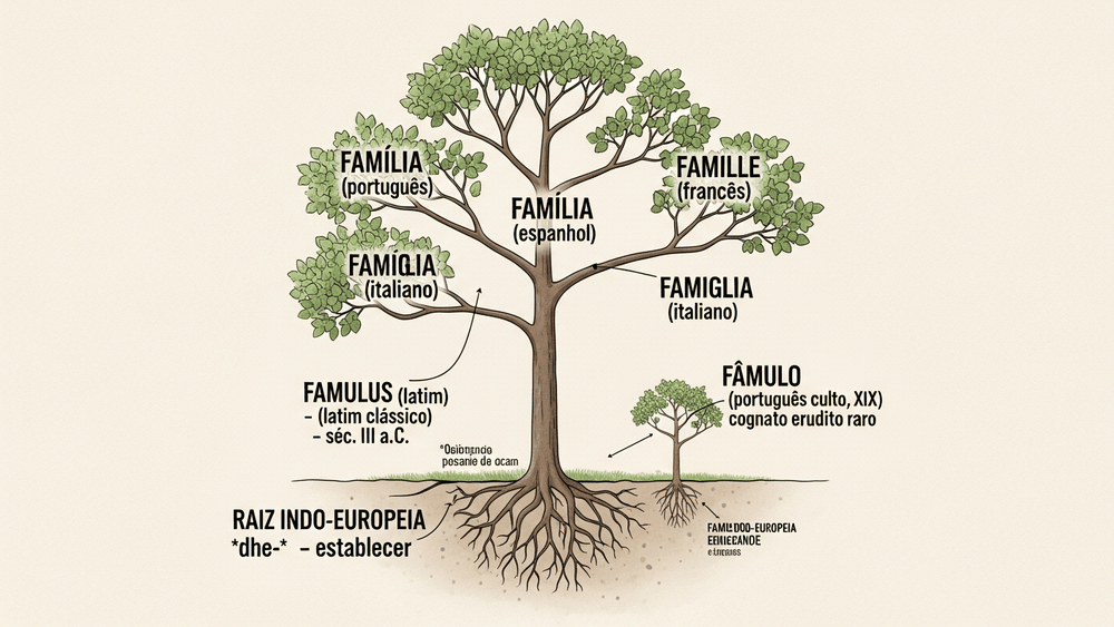 origem da palavra família — árvore etimológica com famulus na raiz e quatro cognatos românicos como ramos