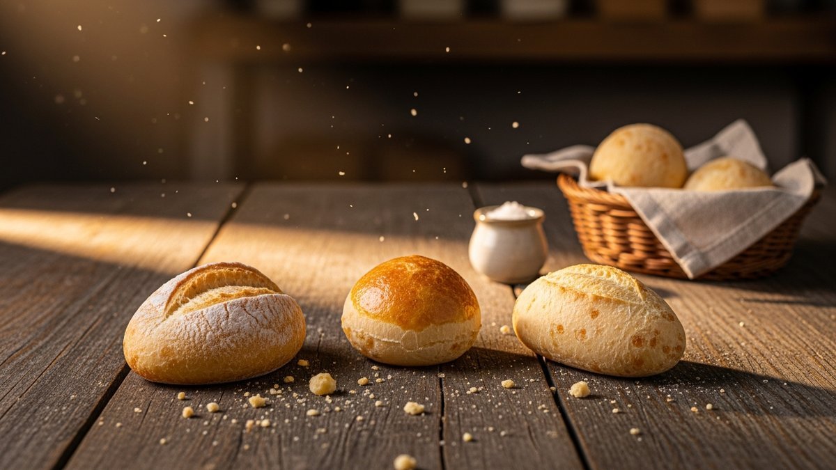 pão francês, pão de sal ou cacetinho — still life com três pãezinhos sobre balcão de madeira em luz matinal