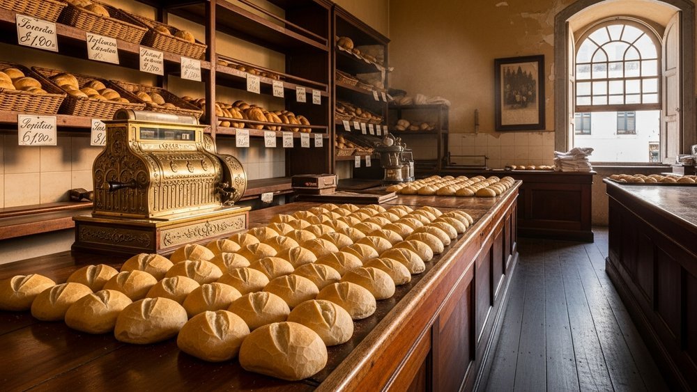 pão francês, pão de sal ou cacetinho — interior de padaria carioca do início do século XX com pãezinhos
