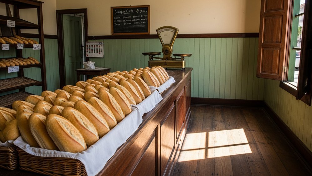 pão francês, pão de sal ou cacetinho — padaria gaúcha de Porto Alegre dos anos 1950 com cacetinhos no balcão