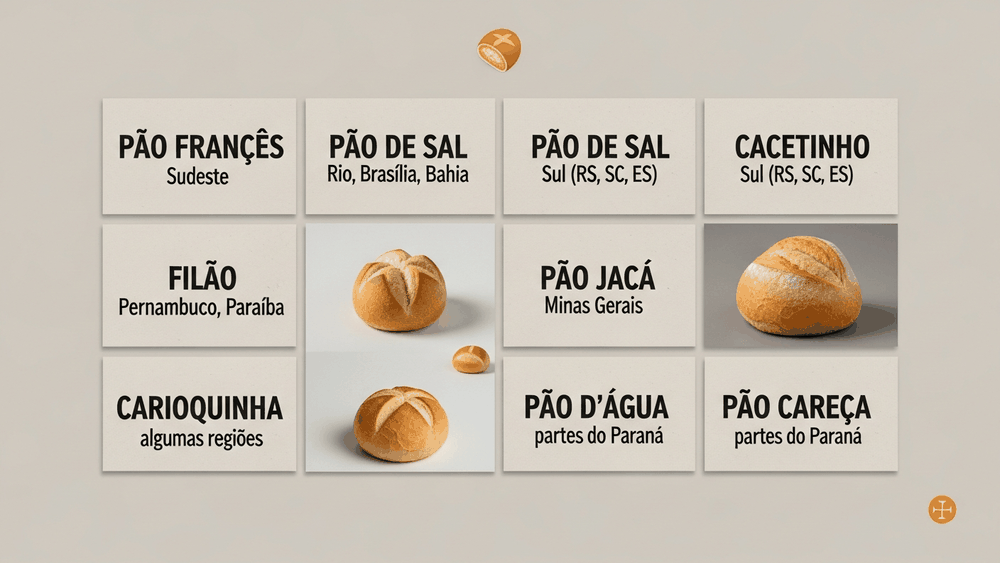 pão francês, pão de sal ou cacetinho — oito nomes regionais do pãozinho brasileiro em painel estilo museu